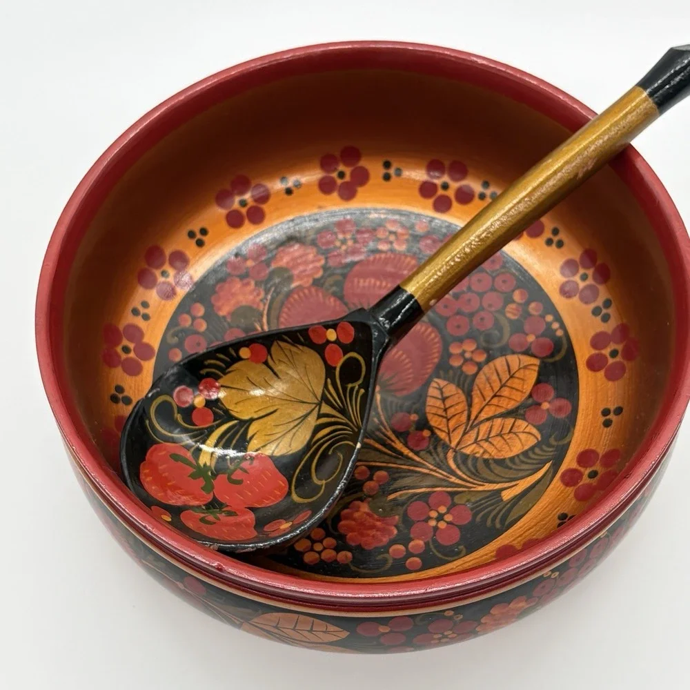 Russian Art Khokhloma Wooden Bowl Matching Spoon Traditional Floral Berry Design